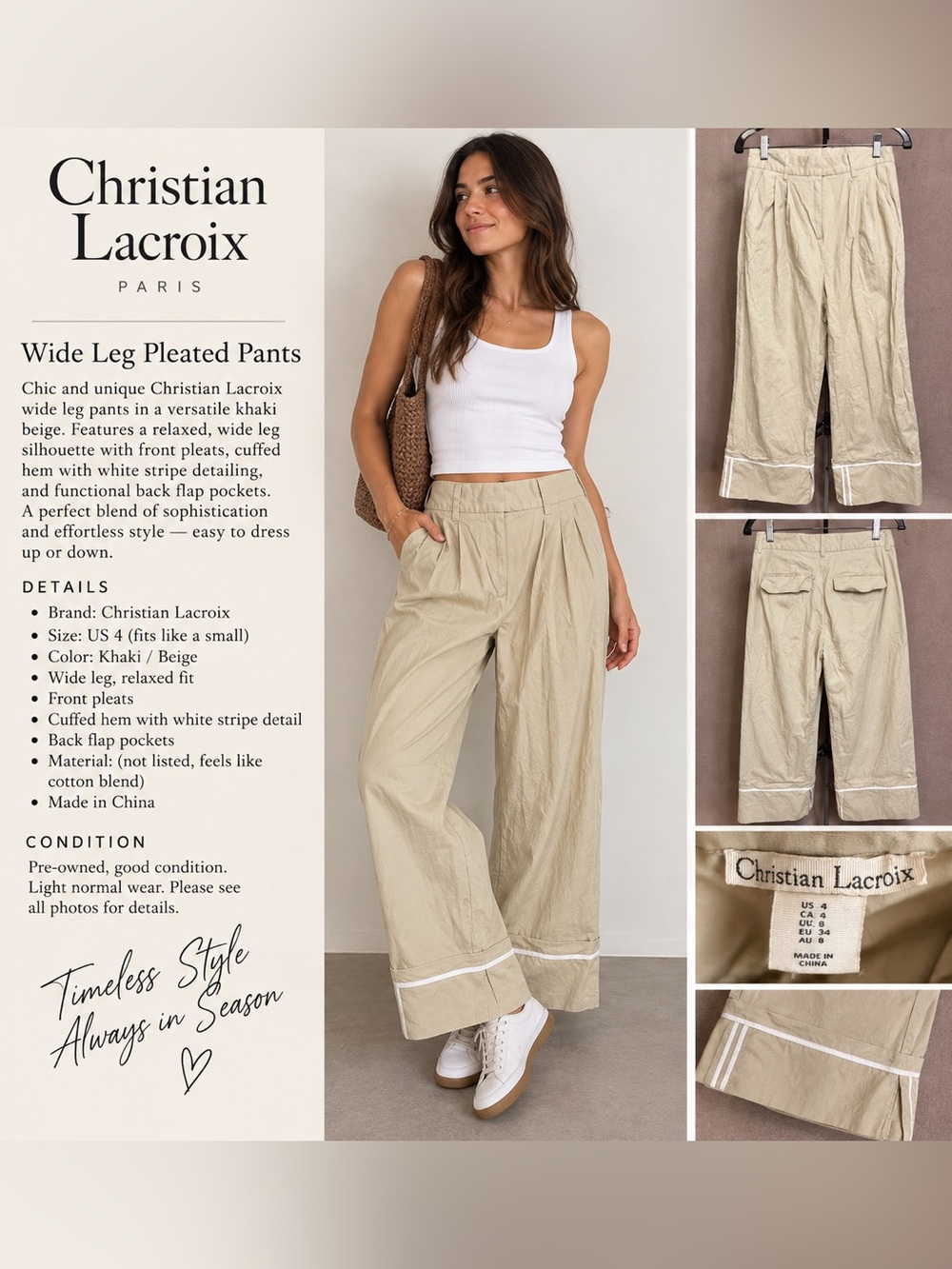 Christian Lacroix Wide Leg Pleated Pants Women’s 4 Khaki Beige Cuffed Stripe